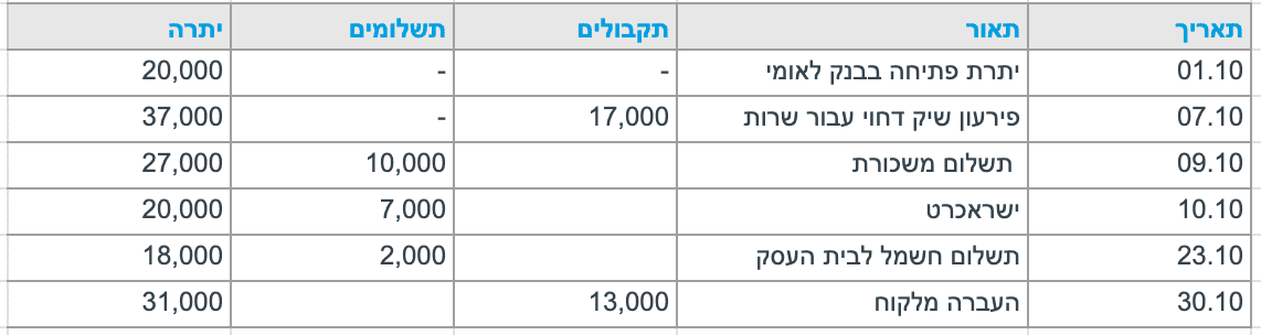 דוגמה לדוח תזרים מזומנים יומי 
